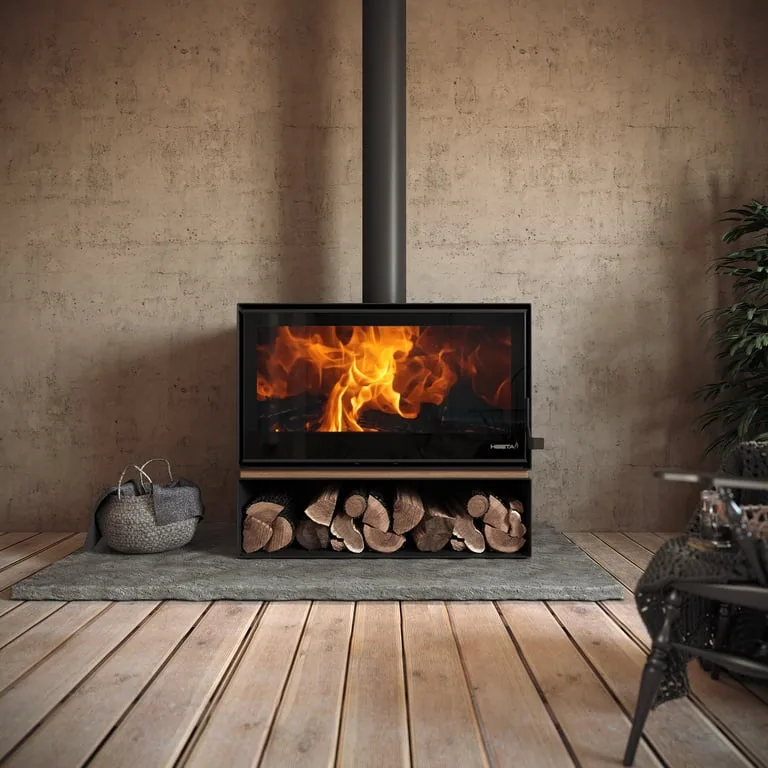 Heeta Oakley 950 freestanding wood fireplace with a clean burn