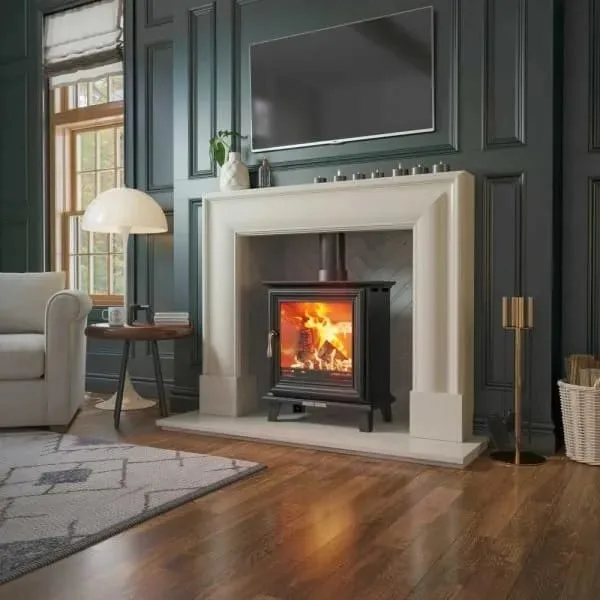 Henley Elmwood freestanding wood fireplace in a living room setting